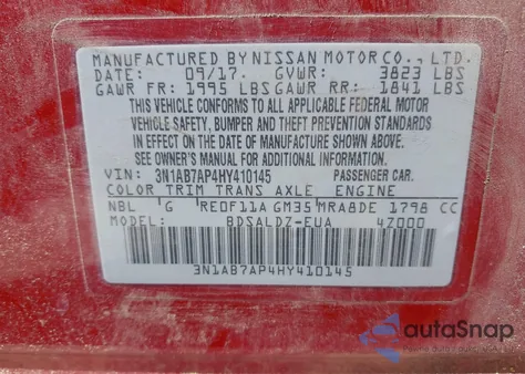 2017 Nissan Sentra Sv из США, поврежденный, VIN 3N1AB7AP4HY410145